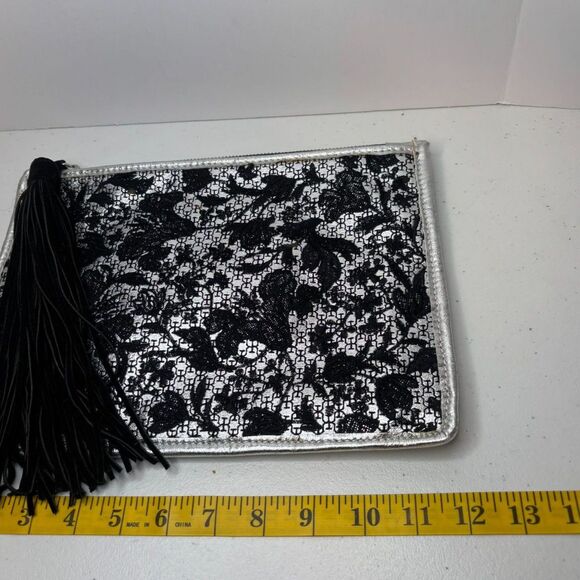 Sam Edelman Alia Lace Floral Leather Clutch Bag Designer Silver Black Tassel - Picture 10 of 10